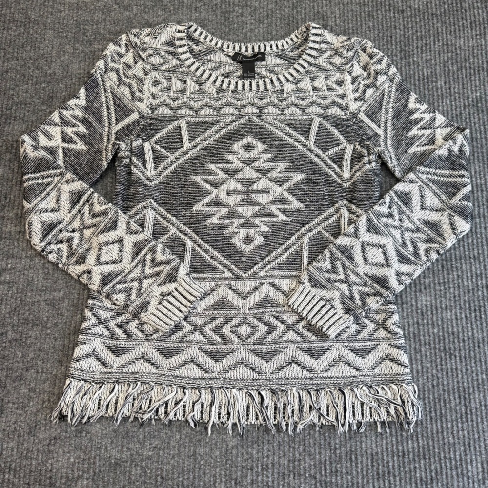 INC Intl‎ Concepts Women's L Black White Aztec Tribal Crewneck Sweater Fringe